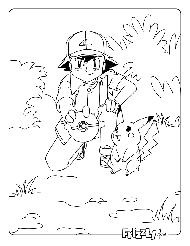 Ash kneels next to Pikachu in a peaceful, natural setting.