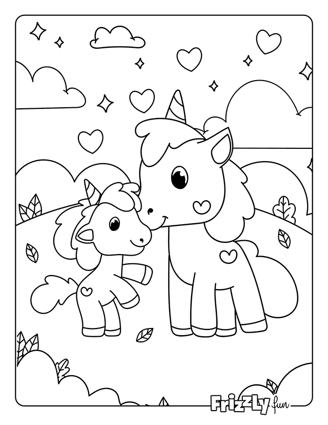 Big and little unicorns nuzzle each other in a field full of hearts.