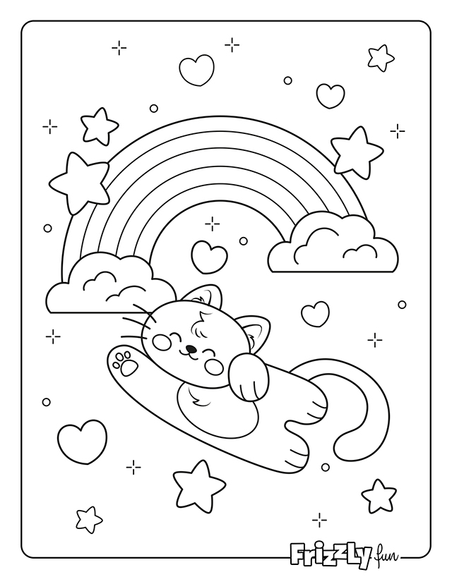 Cat flies through the sky under a rainbow full of stars, clouds and hearts.