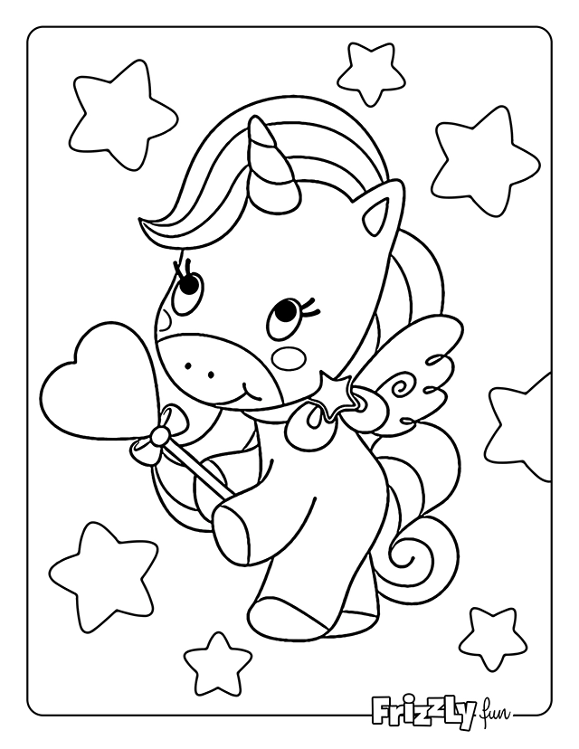 Cute winged unicorn holding a heart, surrounded by stars.