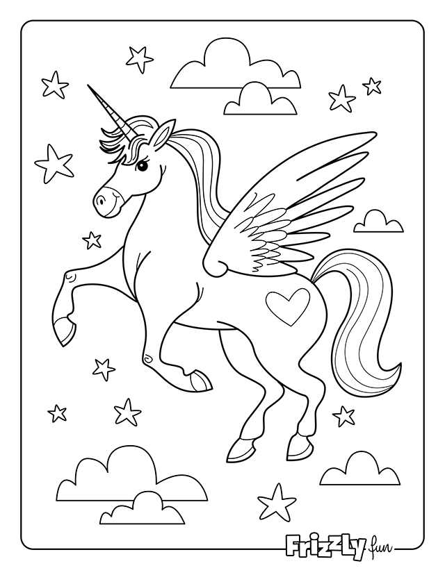 Flying unicorn with hearts and stars in the sky.