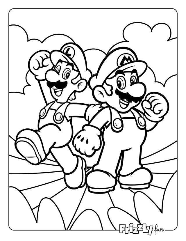 Mario and Luigi jump through the air.