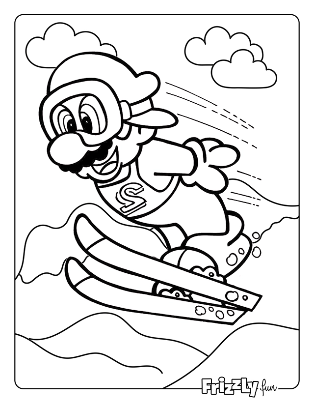 Mario in winter sports outfit jumps from a ski jump.