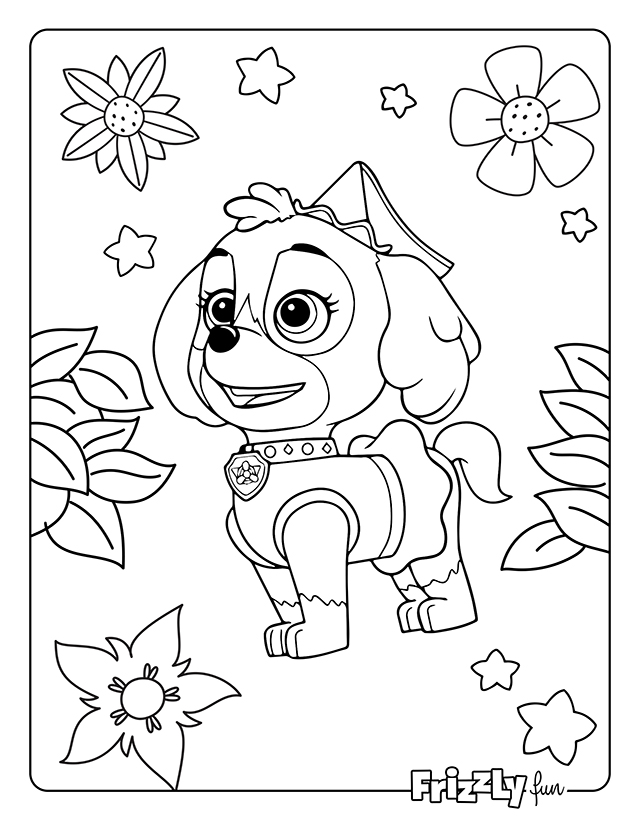 Paw Patrol pup Liberty stands among flowers and stars.