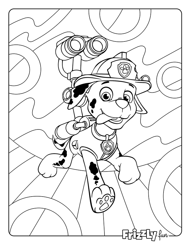 Paw Patrol's Marshall leaps forward with a big smile and glasses.