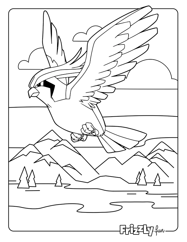Pidgeot soars high above a mountain landscape and a lake.