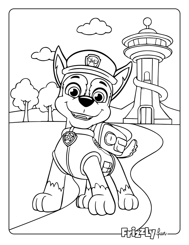 Rocky from Paw Patrol stands happily on the path with towers in the distance.