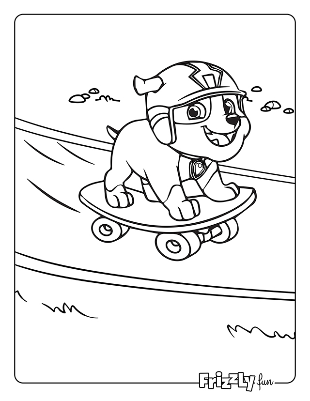 Rocky wears a helmet and rides fast on a skateboard.