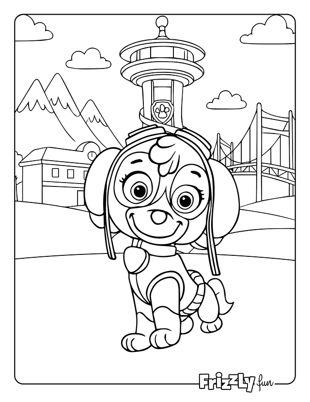 Skye from Paw Patrol sits happily with towers and a bridge in the background.