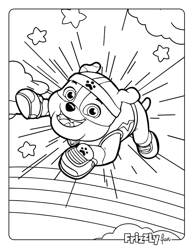 Skye jumps with open paws and a smile among the stars.