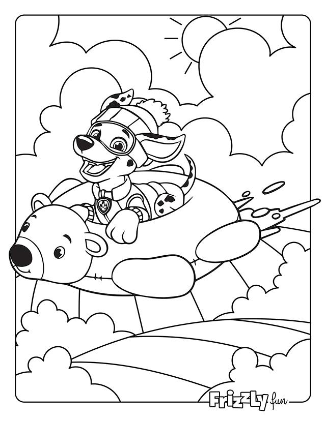 Skye sits laughing on a rocket in the sky among the clouds.