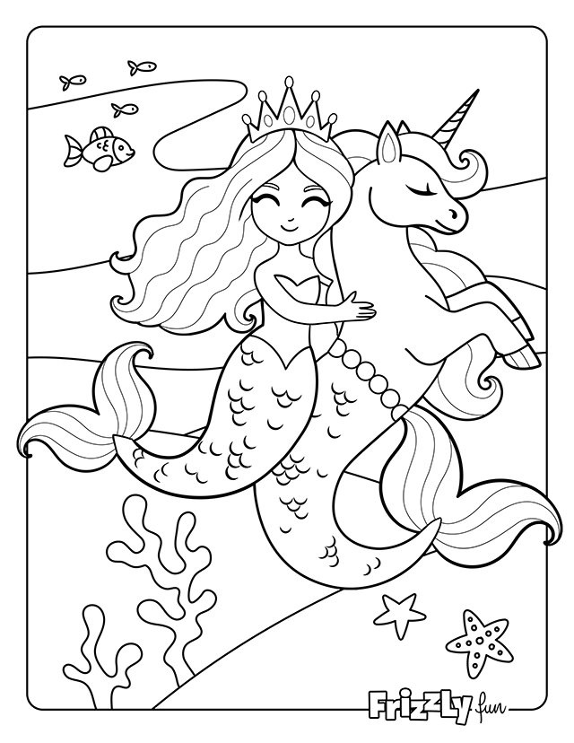 Smiling mermaid with crown riding a sweet underwater unicorn.
