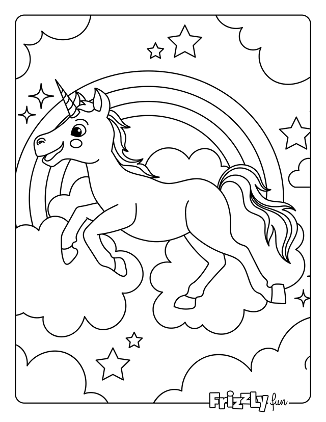 Unicorn jumps happily over clouds with a rainbow and stars.