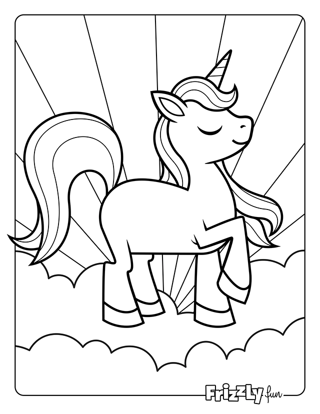 Unicorn keeps her eyes closed and stands elegantly among clouds and sun rays.