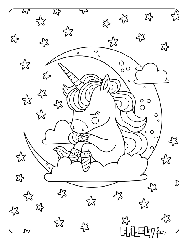 Unicorn sleeping on a cloud with a cuddly toy under a starry sky.