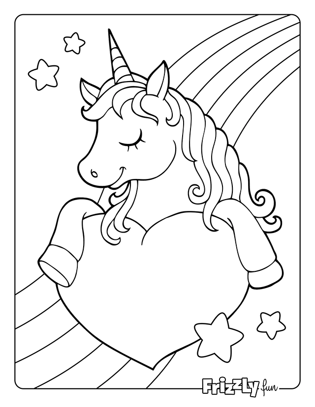 Unicorn sleeps peacefully with her head on a big heart, under a rainbow.