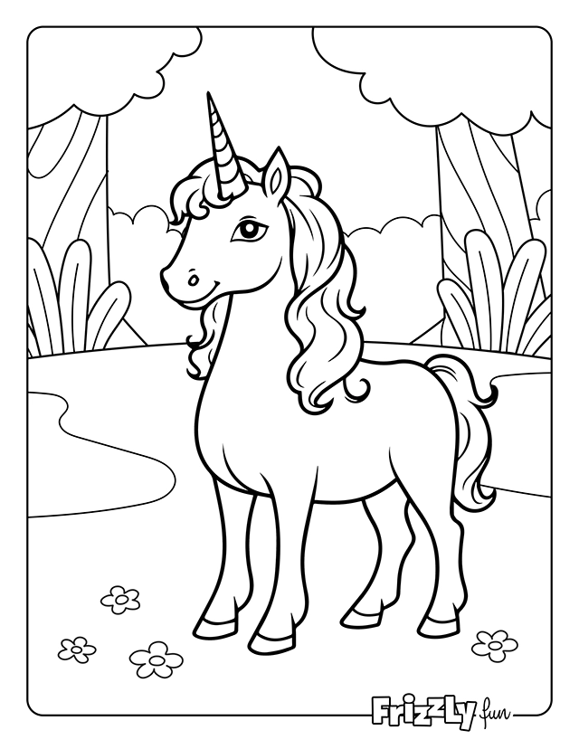 Unicorn stands in a field of flowers among trees and mountains.