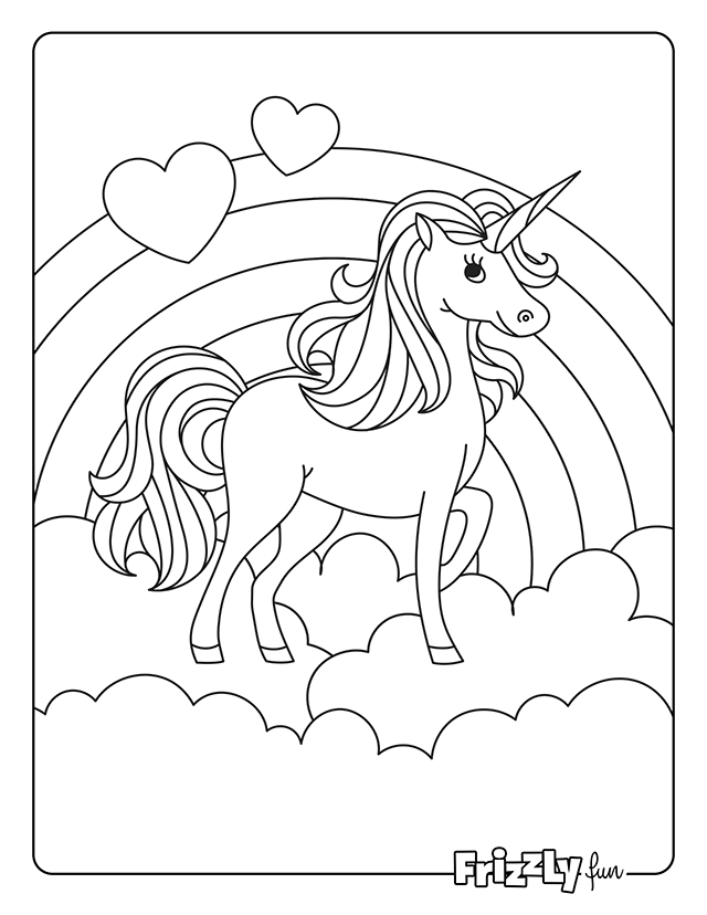 Unicorn stands proudly on a cloud with hearts and a rainbow in the background.