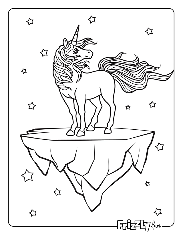 Unicorn stands proudly on a floating island among stars.