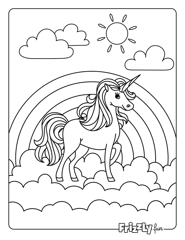 Unicorn stands proudly on clouds under a rainbow with sun and clouds.