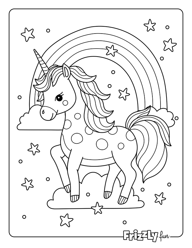 Unicorn with dots stands dreamily under a rainbow among stars.