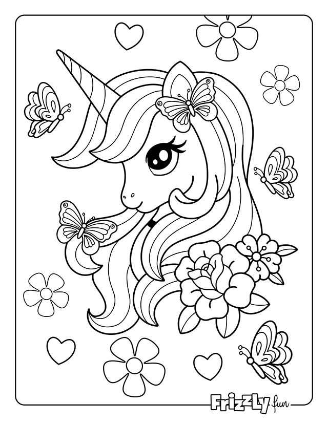 Unicorn with flowers in her mane, surrounded by butterflies and hearts.