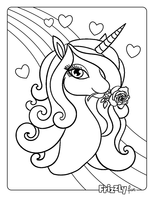 Unicorn with long mane holding a rose, with hearts and rainbow in the background.