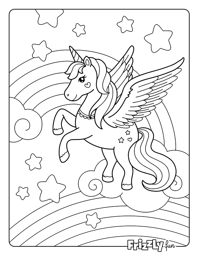 Unicorn with wings flies among stars and a rainbow.