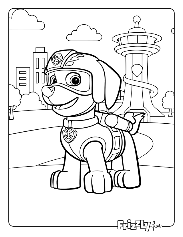 Zuma from Paw Patrol wearing diving goggles and a lookout tower in the background.